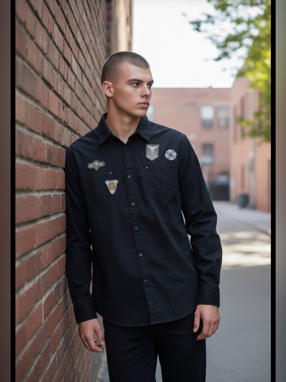 Steve's Jeans Men’s XL Shirt Military‎ Theme Patches Snap Long Sleeve Black